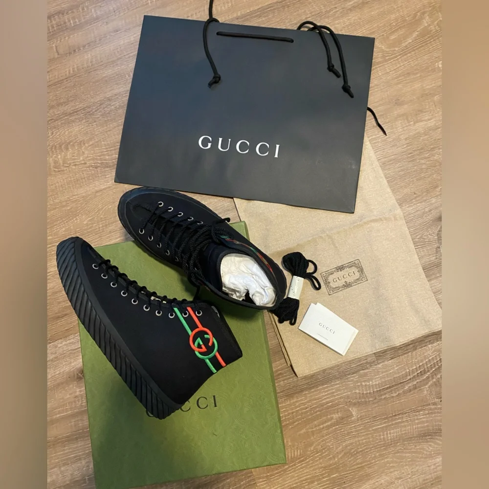 NWT Gucci GG men’s black interlocking G canvas high-top sneakers - Picture 9 of 9